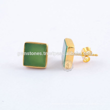 Natürliche grüne Chrysoprase quadratische flache Edelstein-Bolzen-Ohrringe, Gold überzogener silberner Edelstein-Lünetten-Ohrring-Schmucksache-Lieferanten